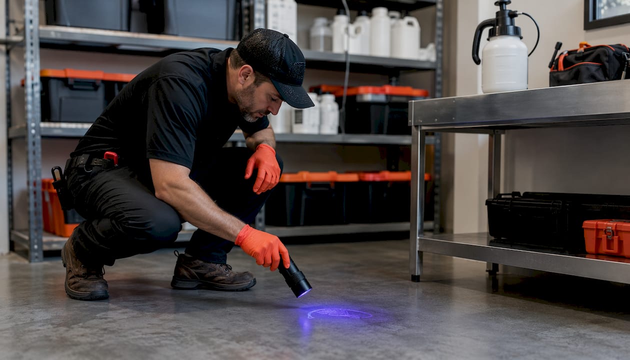 Pest technician using UV light indoors