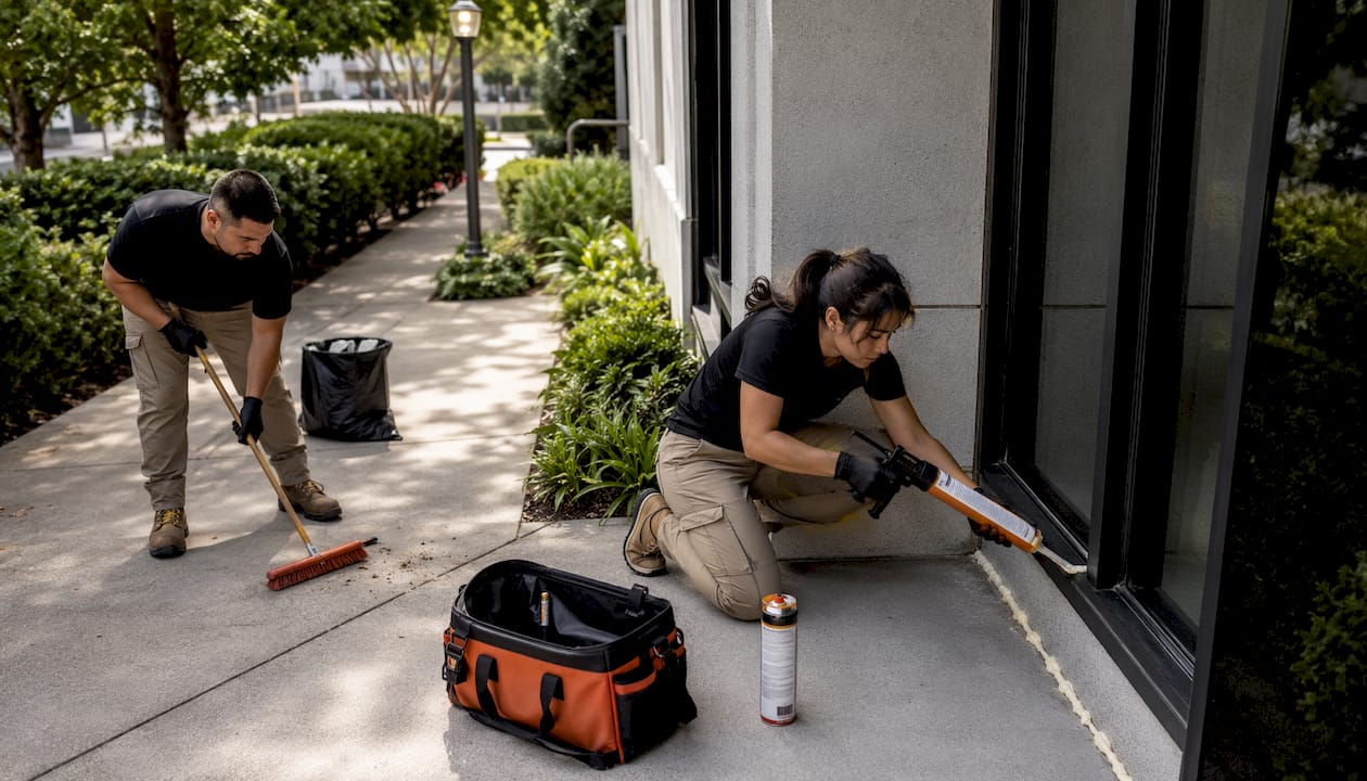 Crew performing facility scorpion exclusion maintenance