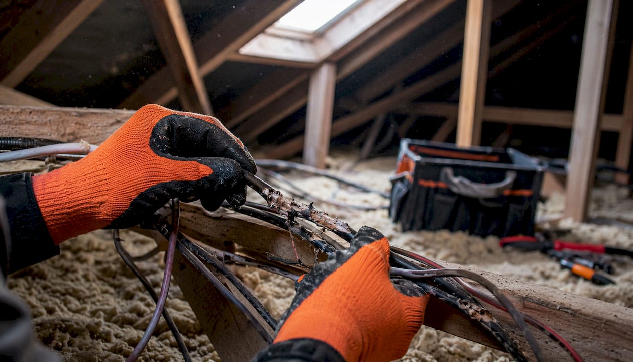 Hands inspecting rodent-damaged electrical wiring