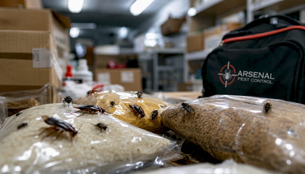 Cockroaches and flies on stored food packaging
