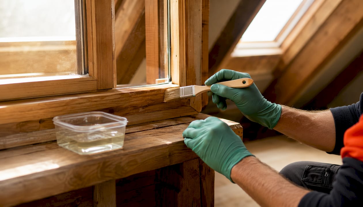 Hands applying borate termiticide to wood baseboard