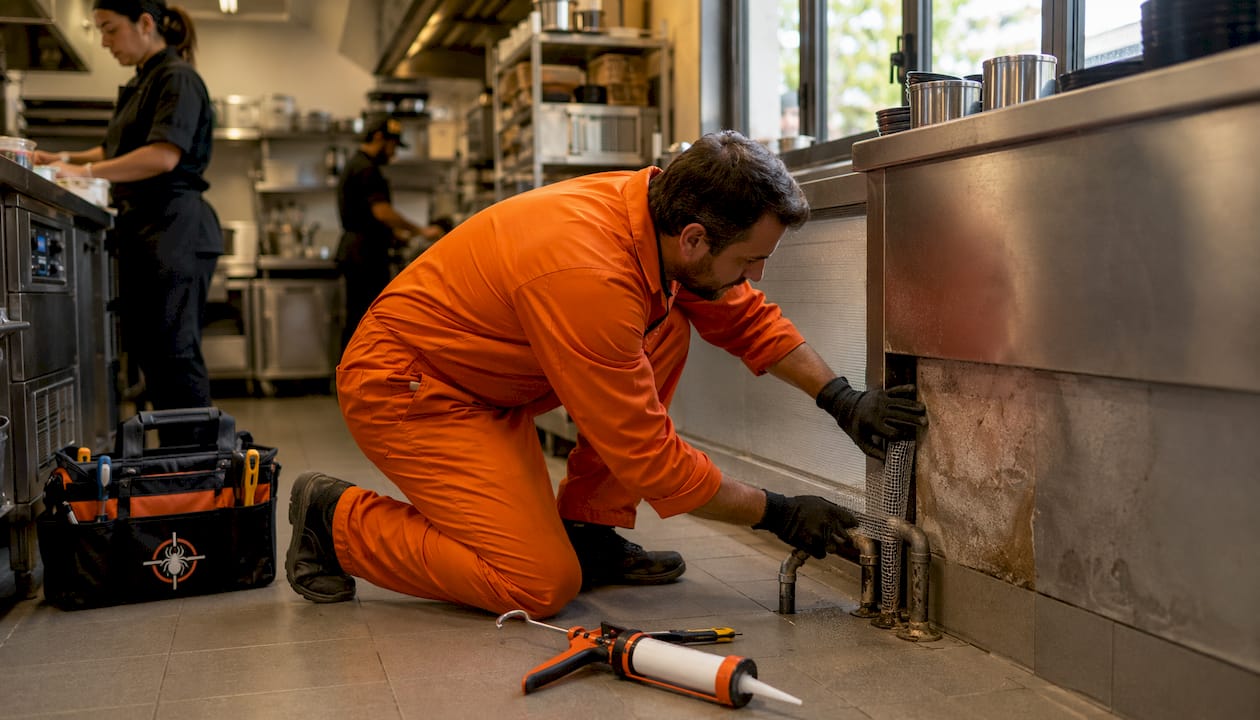 Technician installing rodent-proofing in commercial kitchen
