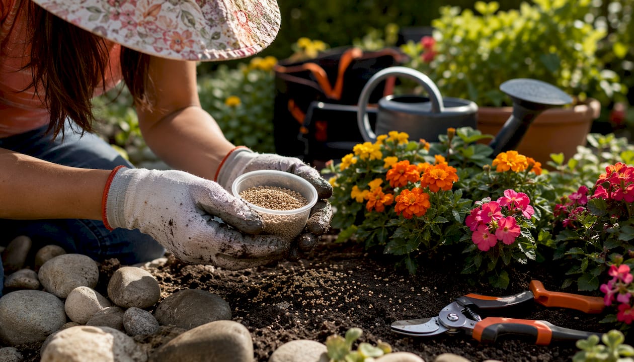 Hands holding granular fire ant bait in garden
