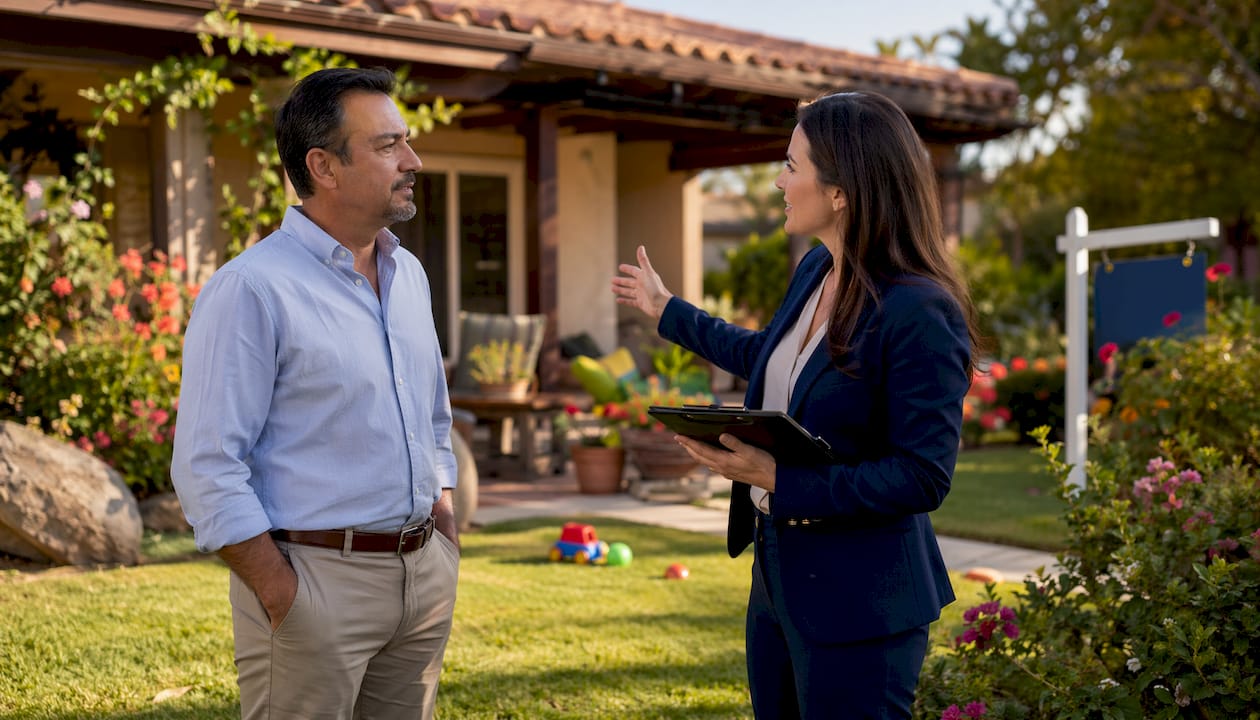 Landlord and agent discussing sale outside home