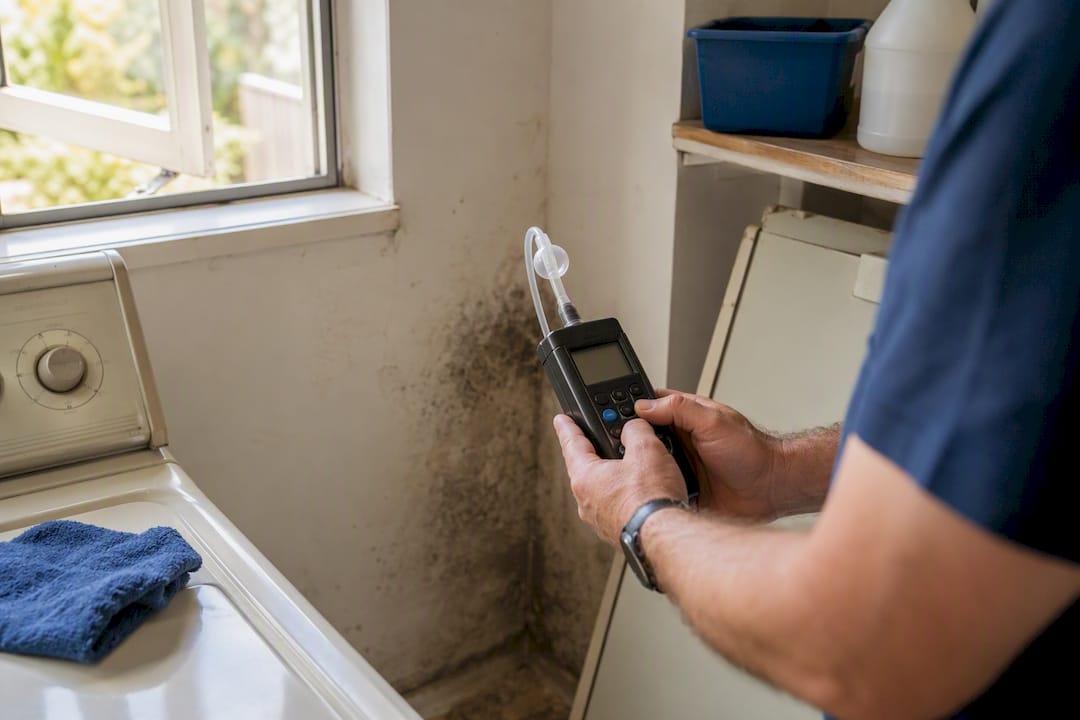 Hand holding mold air sampling device indoors