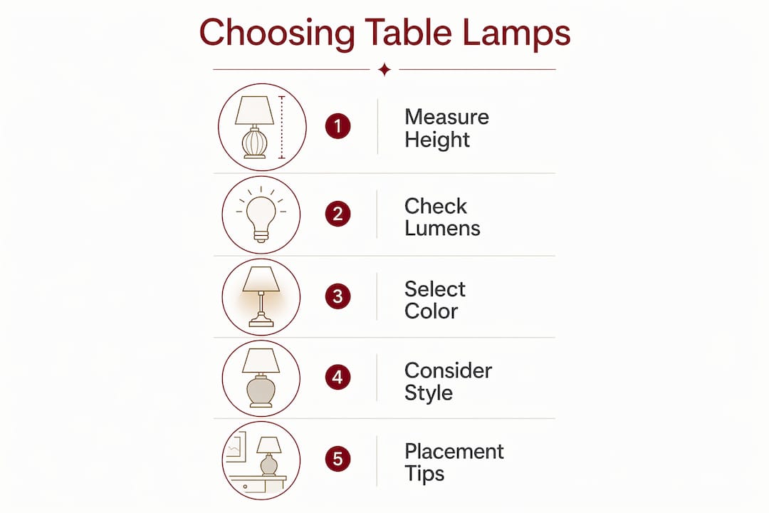 Infographic illustrating steps to choose bedroom table lamps