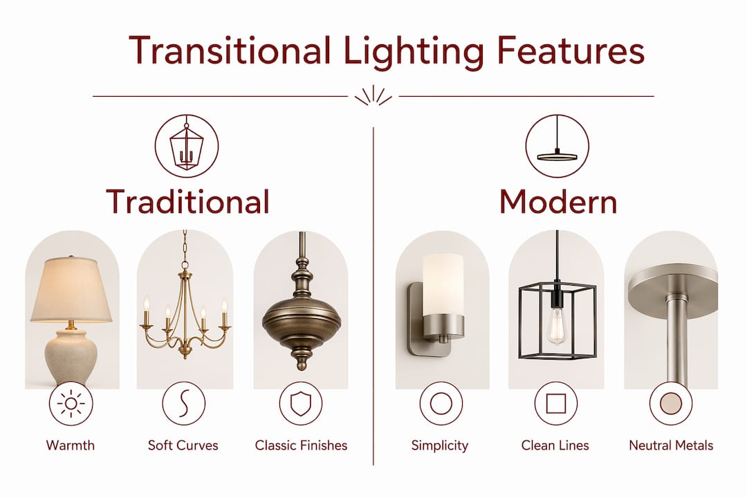Infographic comparing traditional and modern traits in transitional lighting