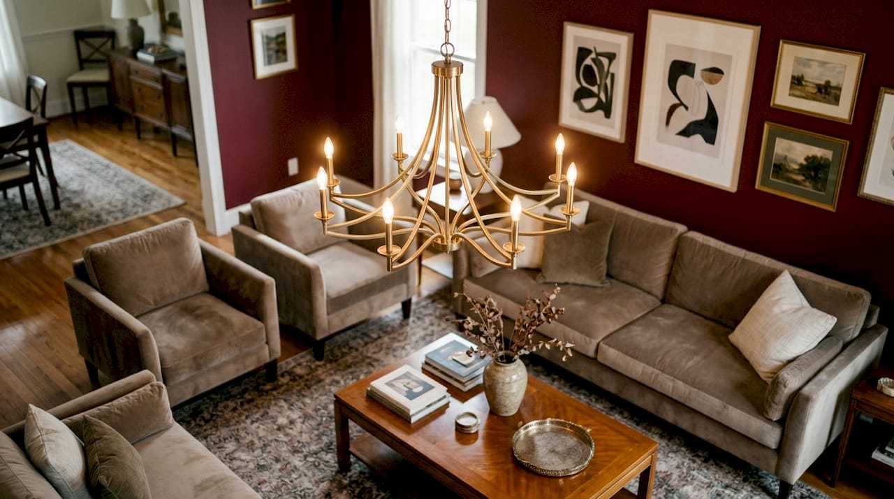 Detailed view of transitional chandelier in dining room