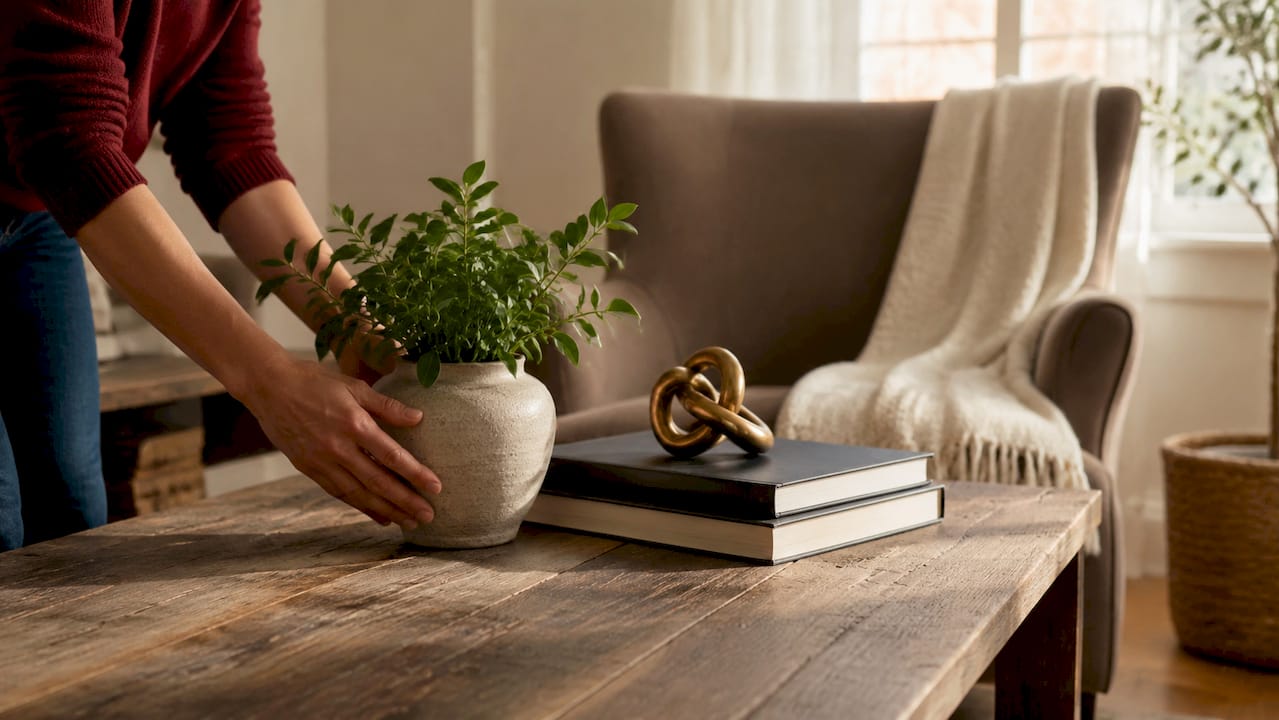 Close-up hands styling living room side table vignette