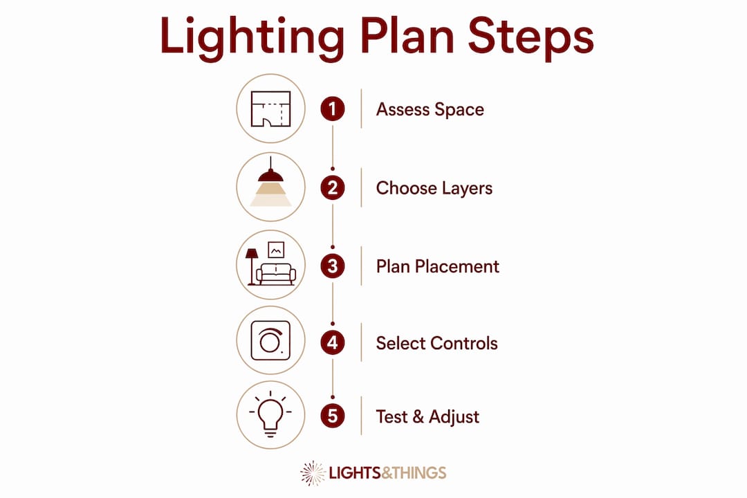 Infographic illustrating steps for lighting plan creation