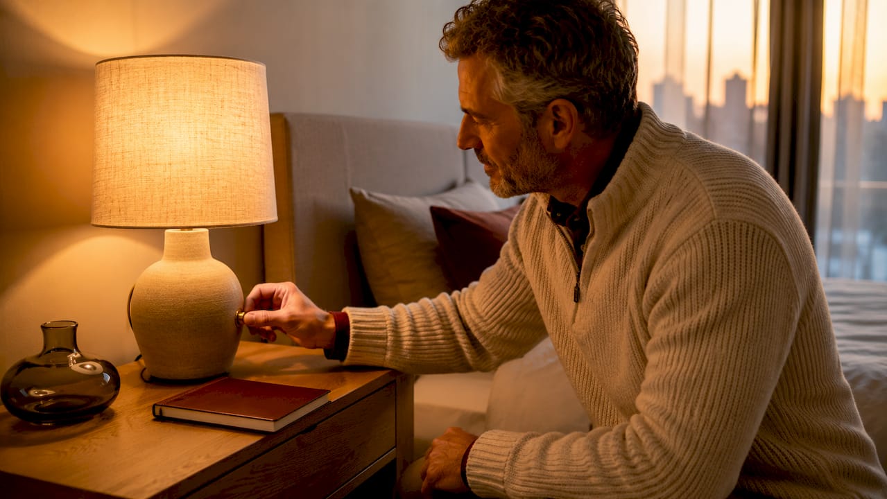Man testing ceramic glass bedroom lamp
