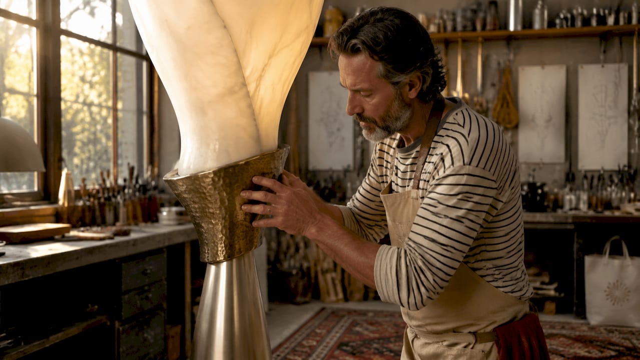 Artisan inspecting sculptural floor lamp in workshop