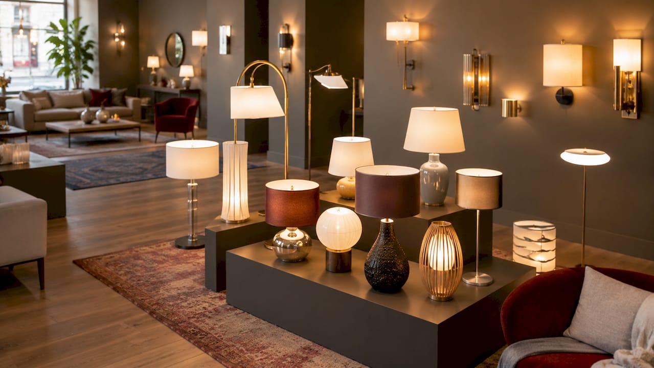 Variety of accent lighting fixtures on showroom wall