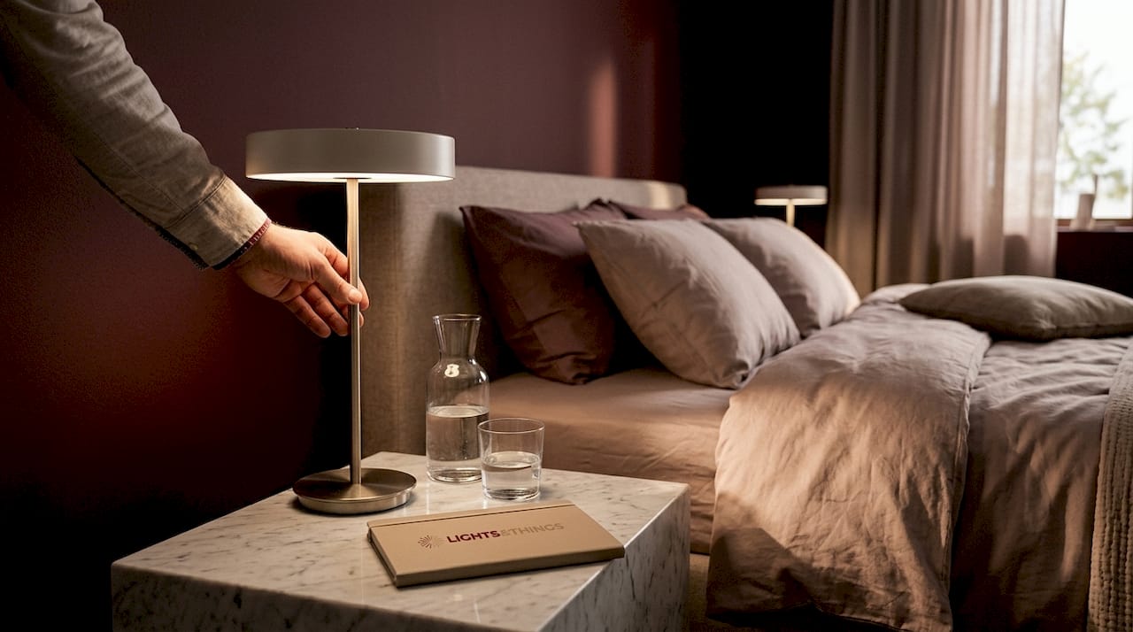 Hand adjusting wall-mounted bedside lamp in cozy bedroom
