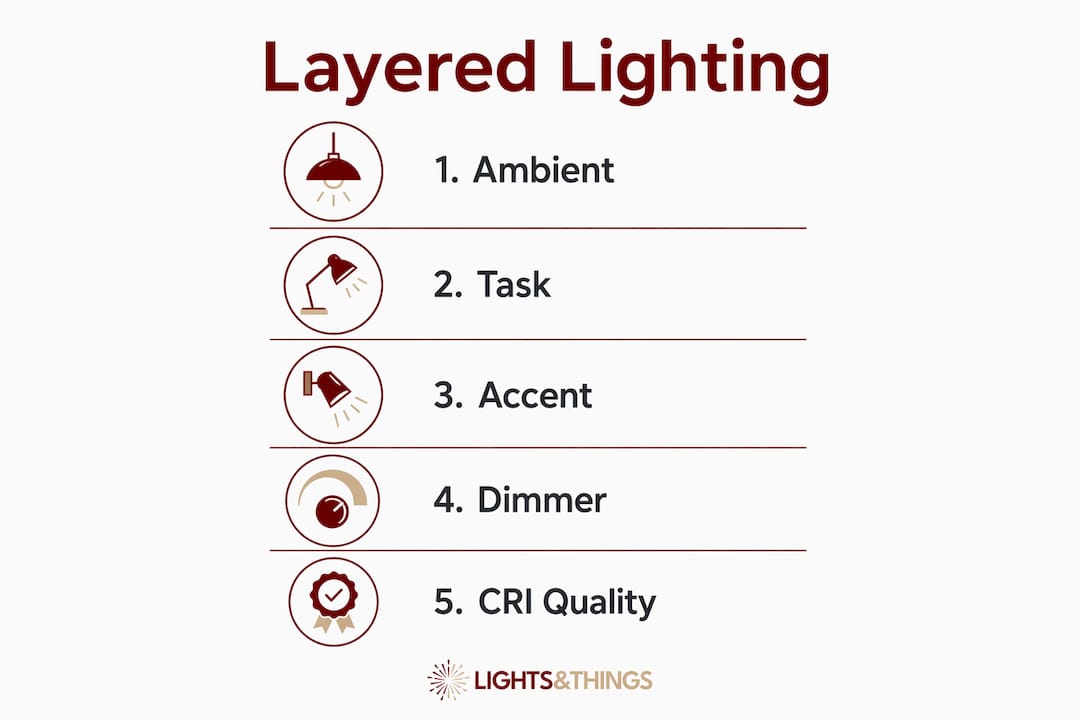 Infographic showing lighting layering types and benefits