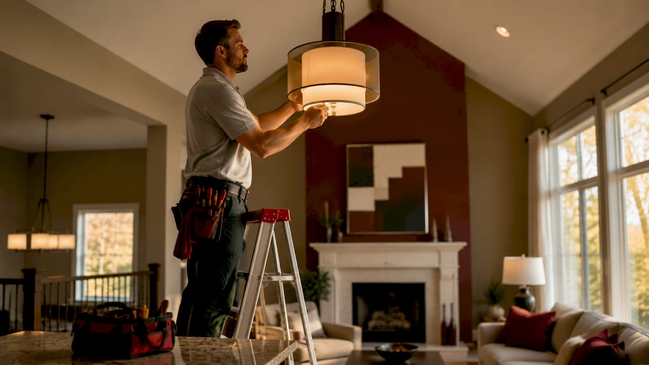 Electrician installing layered lighting in tall room