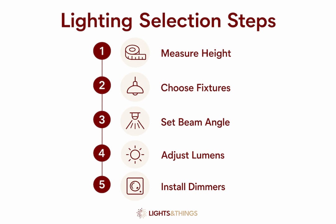 Infographic illustrating lighting selection steps for high ceilings