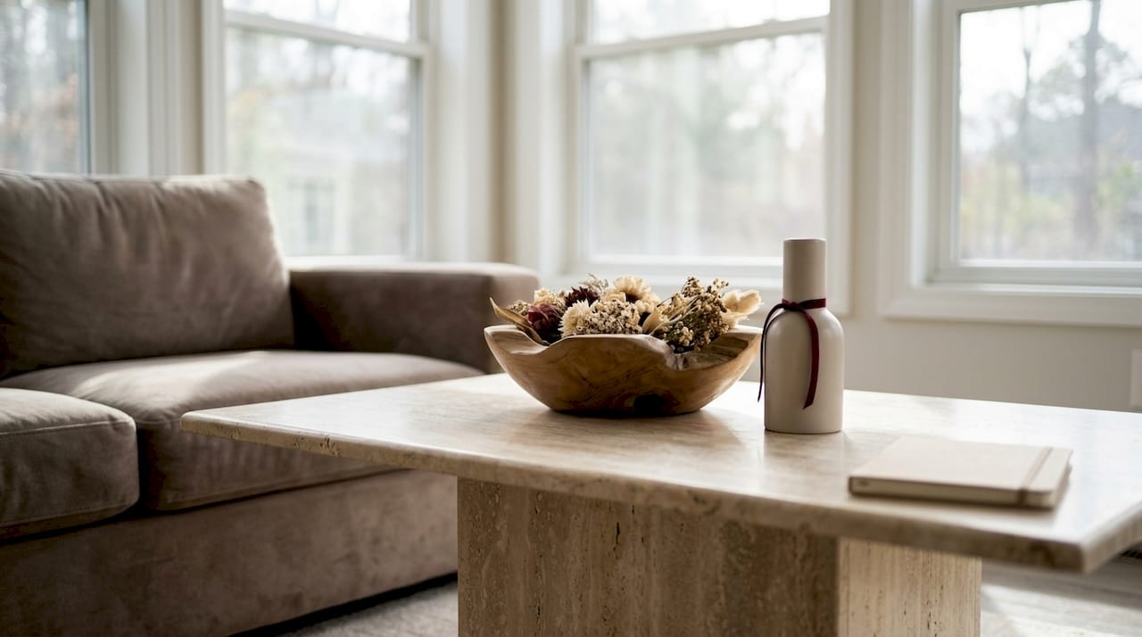 Close-up of natural stone and wood accent pieces