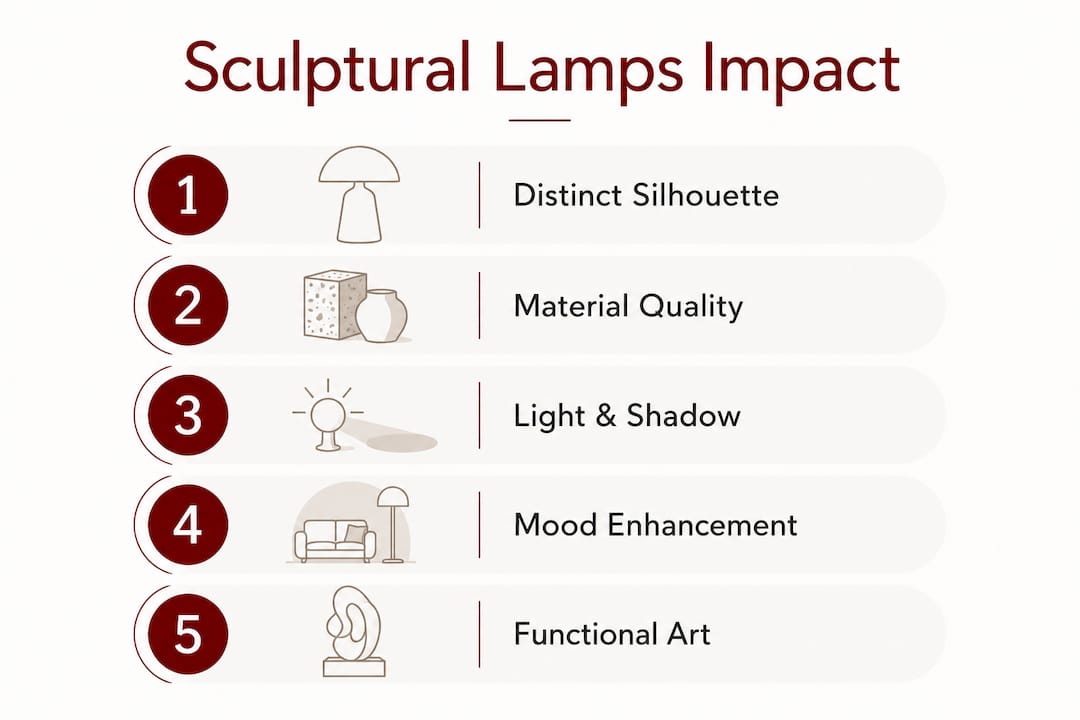 Infographic showing five key impacts of sculptural lamps in interior design