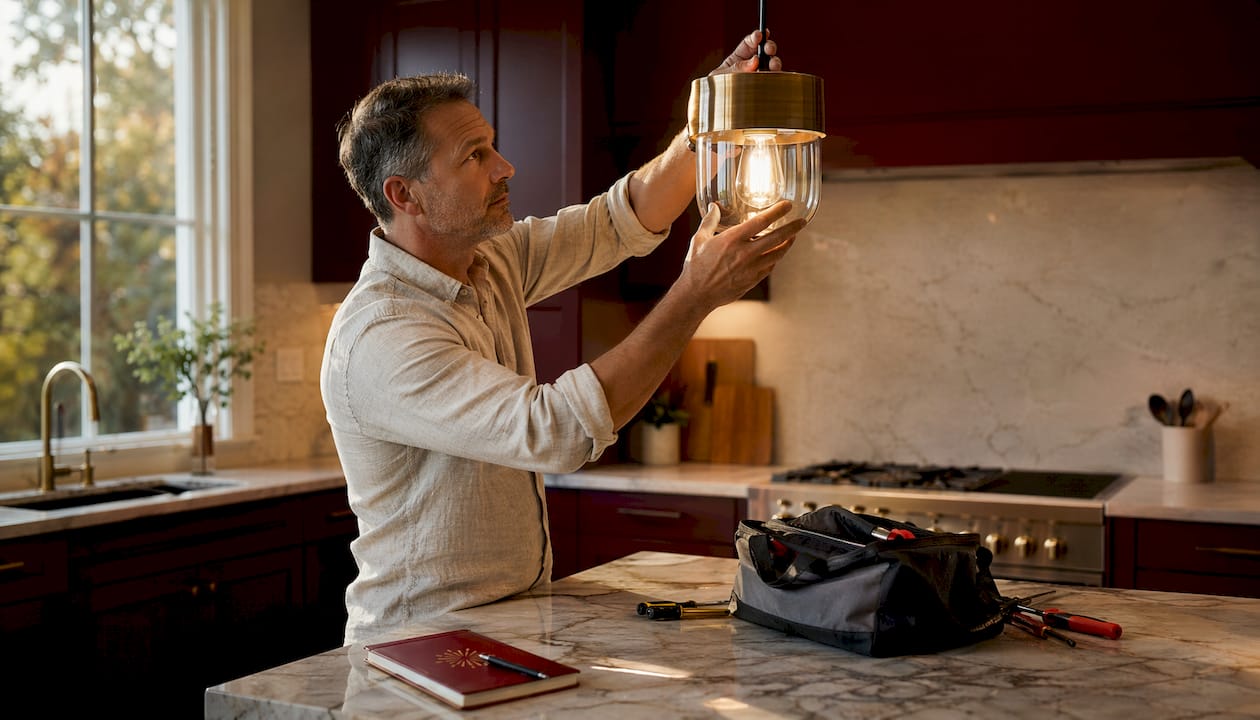 Man installing pendant light above kitchen island