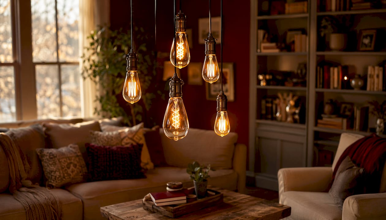Edison-style decorative bulbs in industrial kitchen