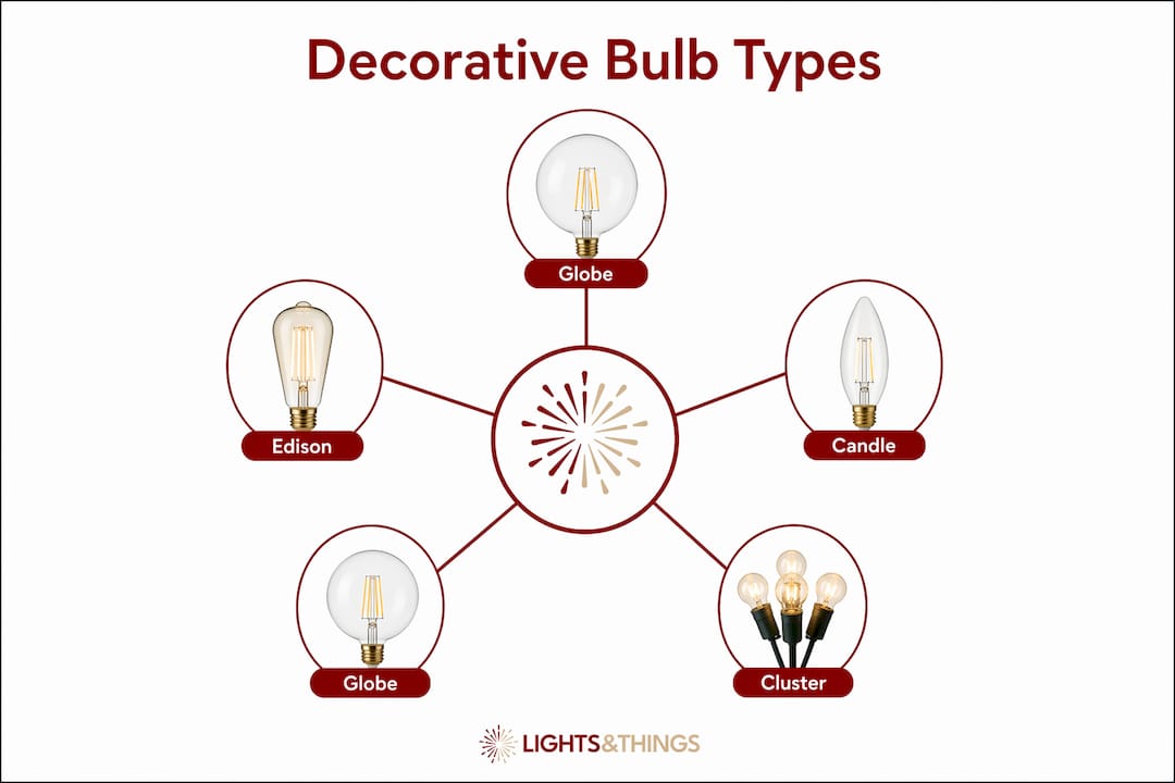 Infographic showing main types of decorative bulbs