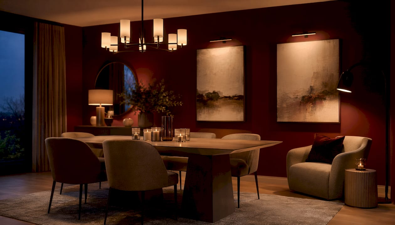 Living room displaying ambient, task, and accent lighting