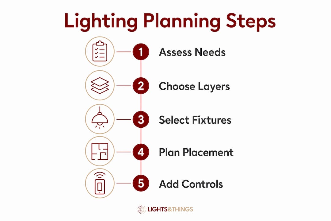 Infographic illustrating steps to plan home lighting