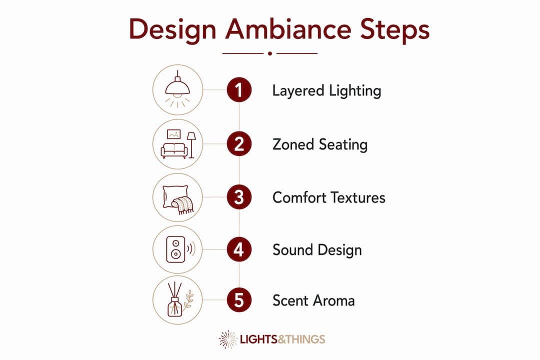 Infographic illustrating five key ambiance design steps for entertaining spaces