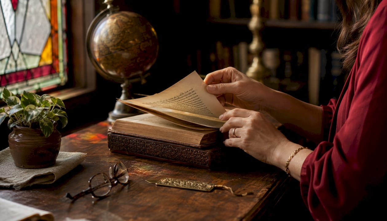 Hands handling vintage book on table
