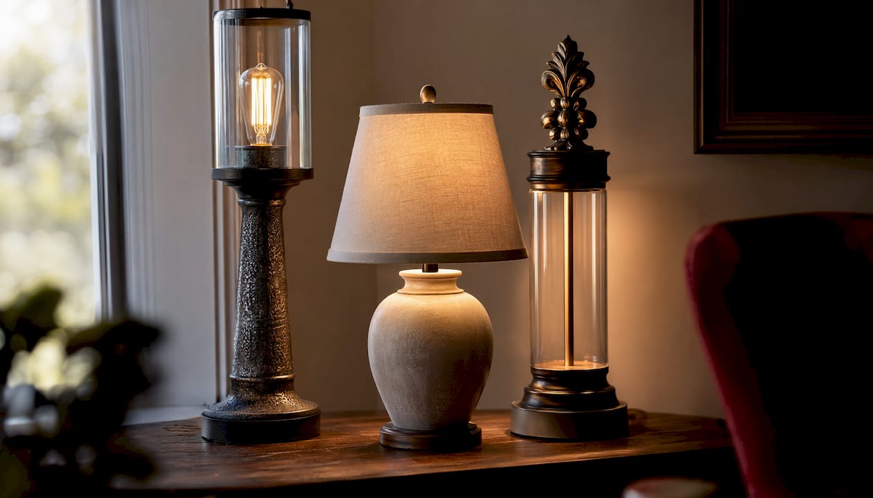 Overhead view of three varied lamp designs on table