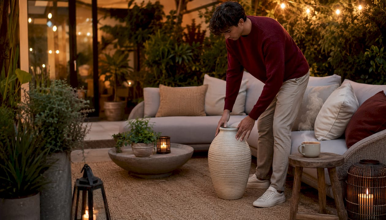 Person layering accent pieces in living room