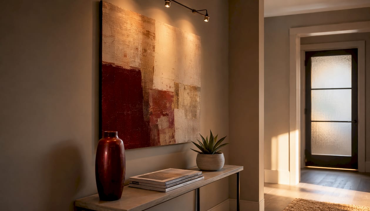 Accent lighting illuminating artwork on wall