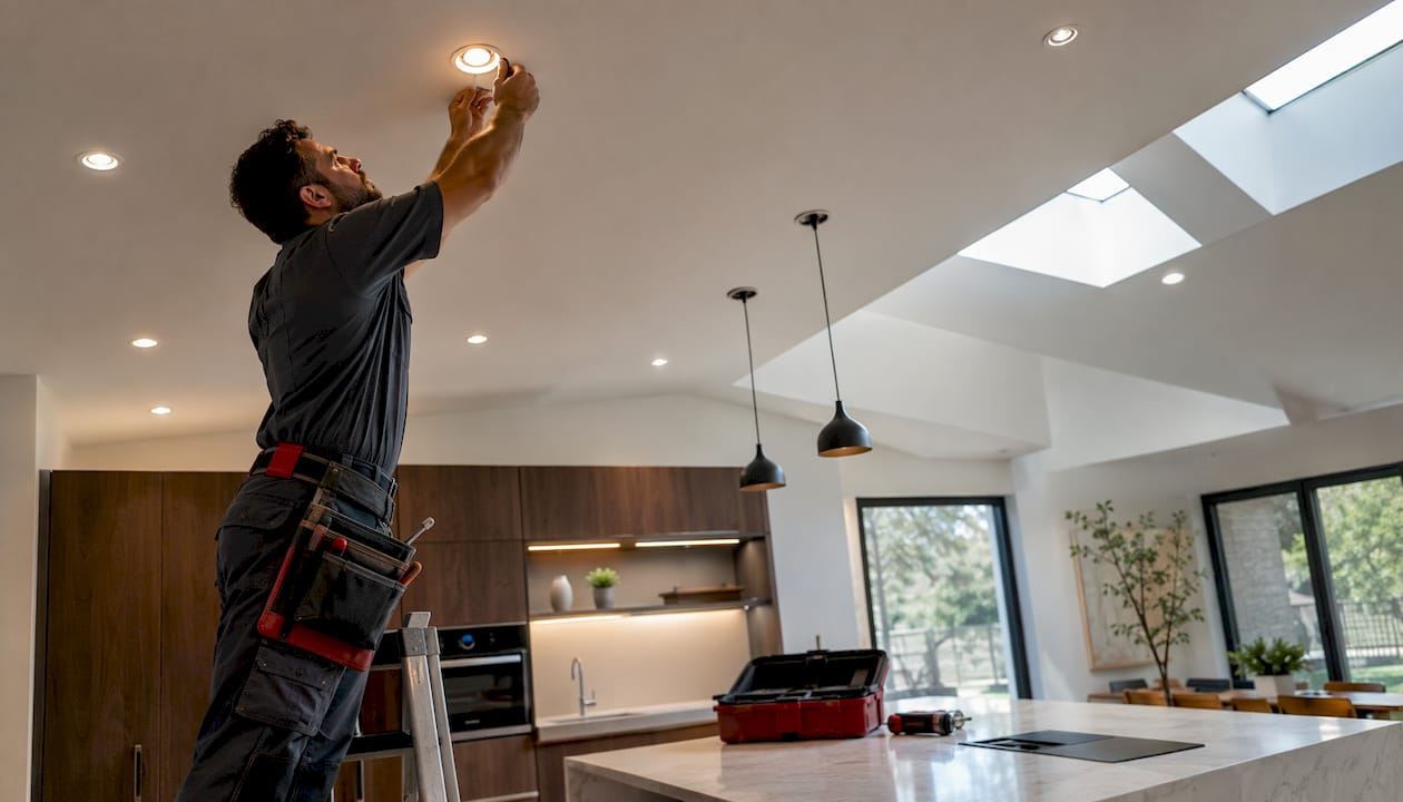 Electrician installing recessed lighting in modern room