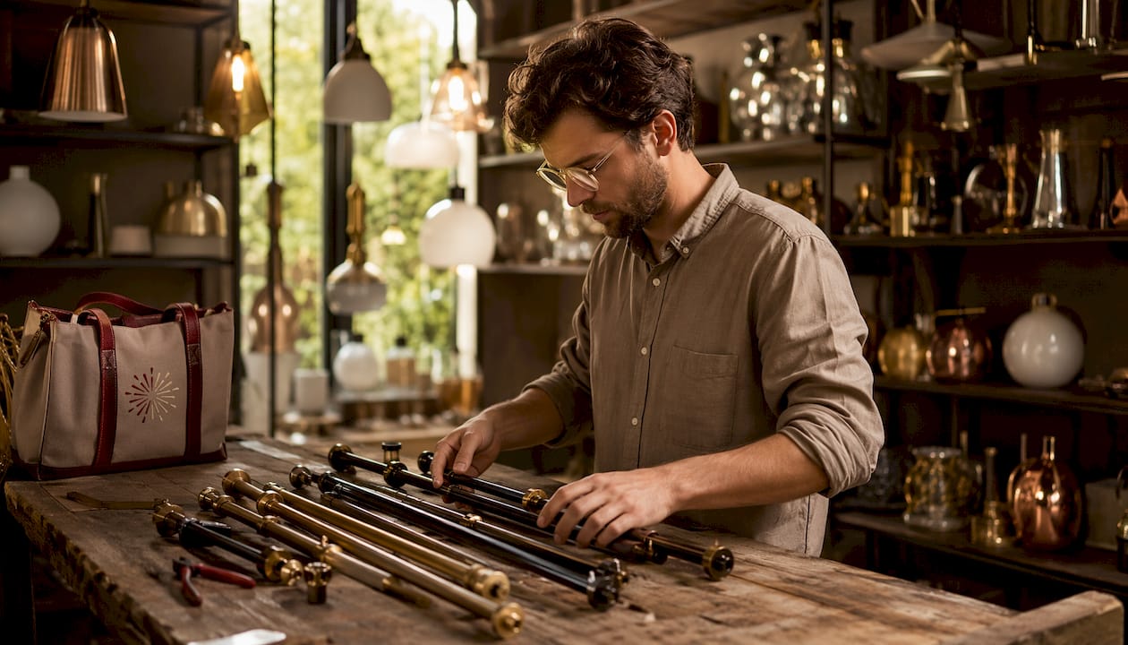 Hands adjusting pendant light rods on workshop bench