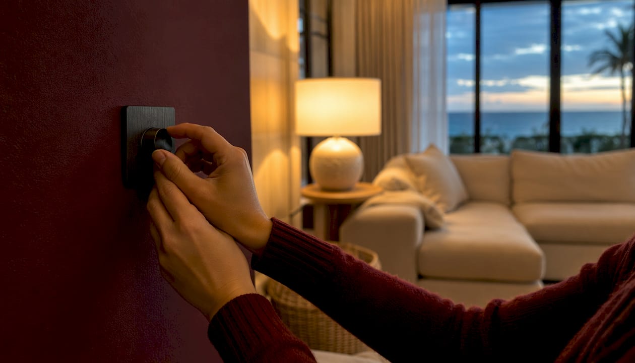 Hands adjusting dimmer switch in coastal room