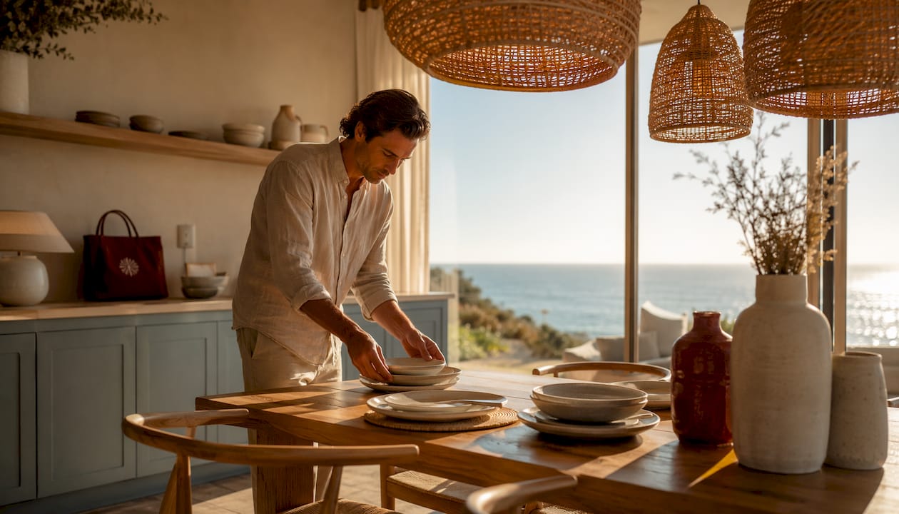 Man arranging table under coastal kitchen pendants