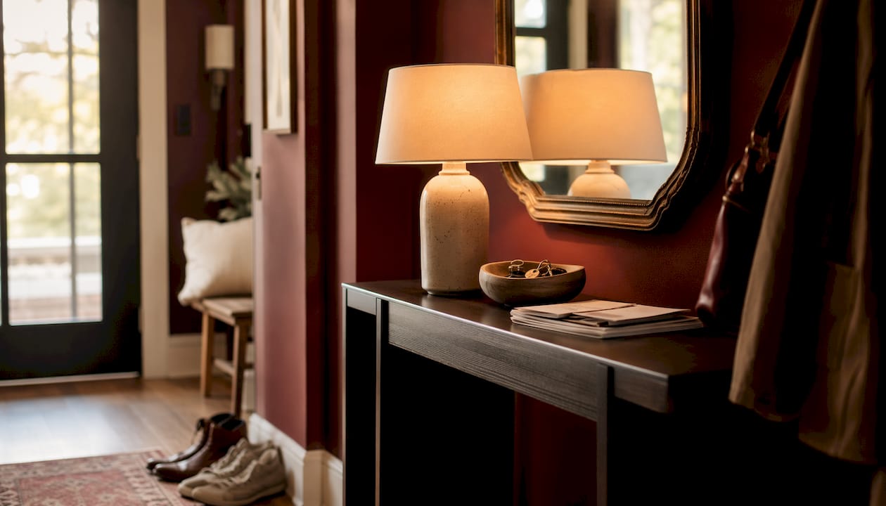 Warm inviting entryway with console table lamp