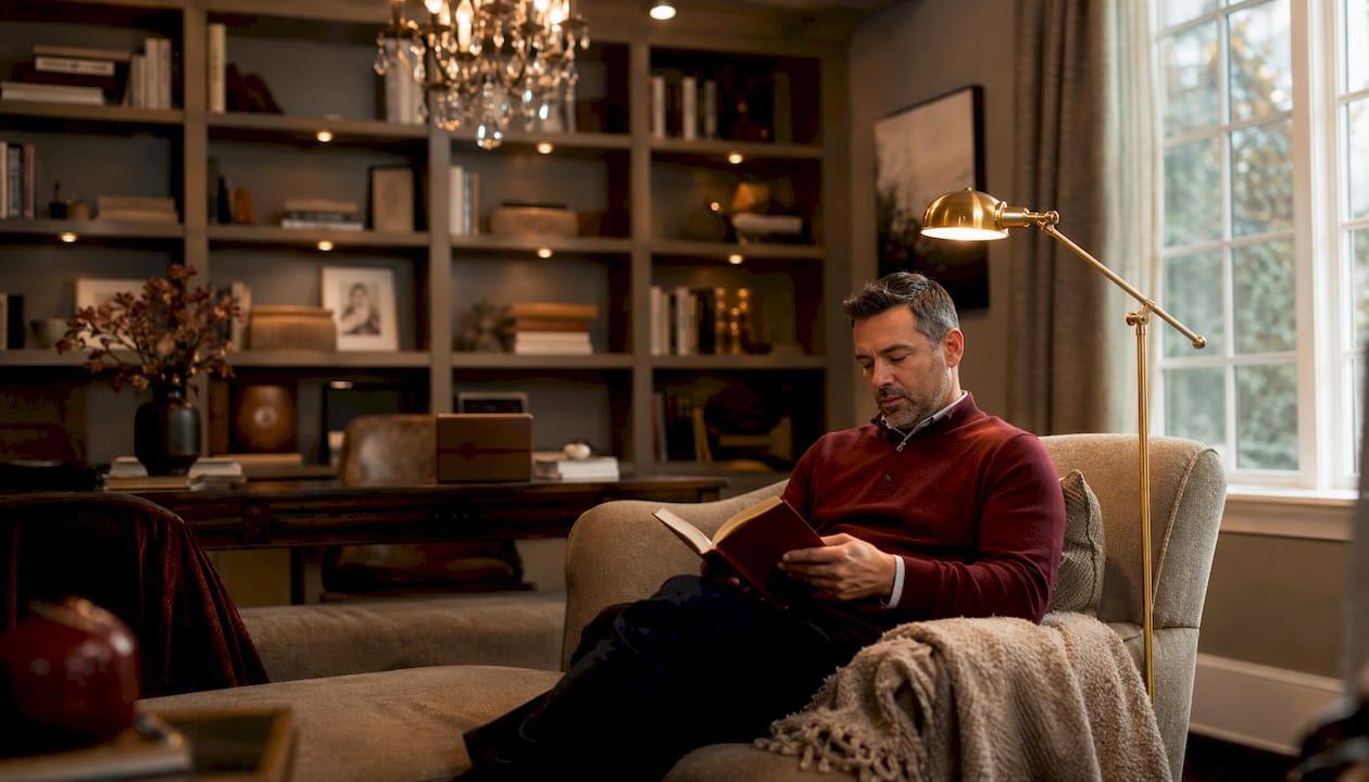 Man reading under layered luxury bedroom lights