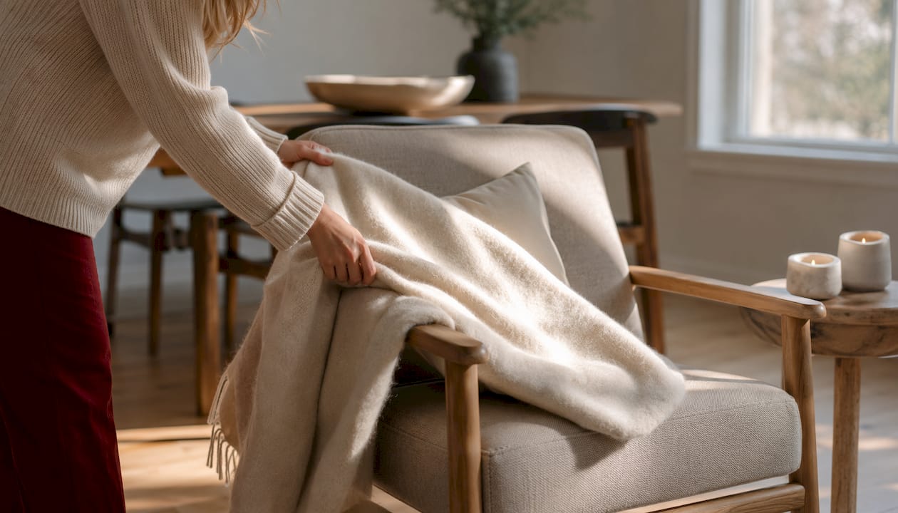 Hands arranging wool throw on chair