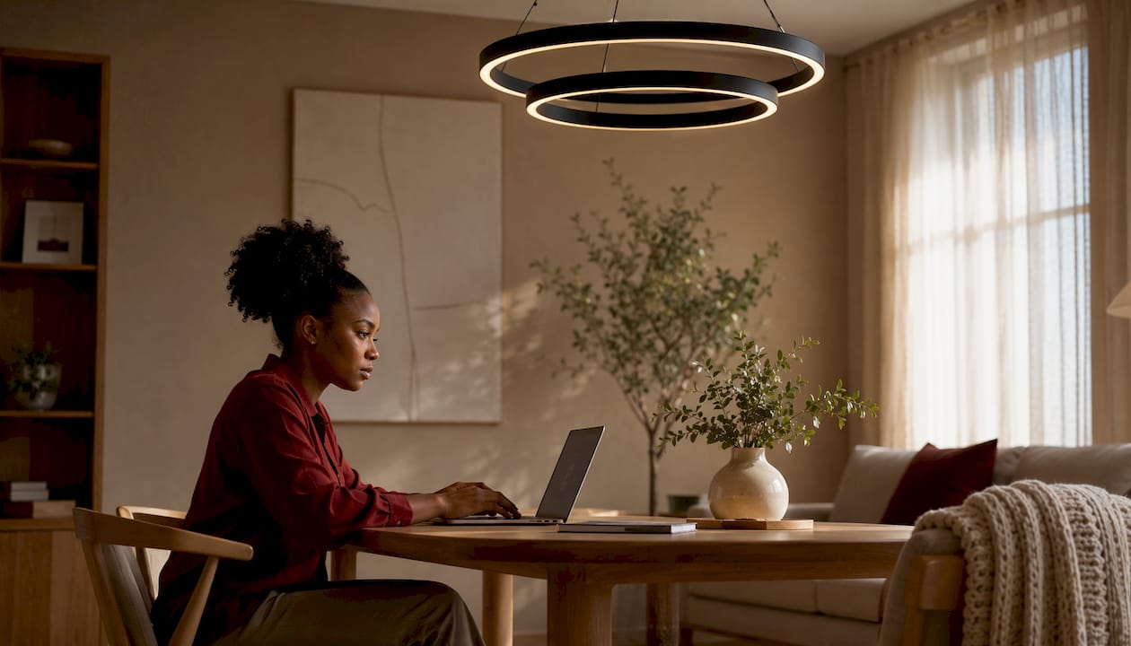Woman working beneath geometric ring ceiling fixture