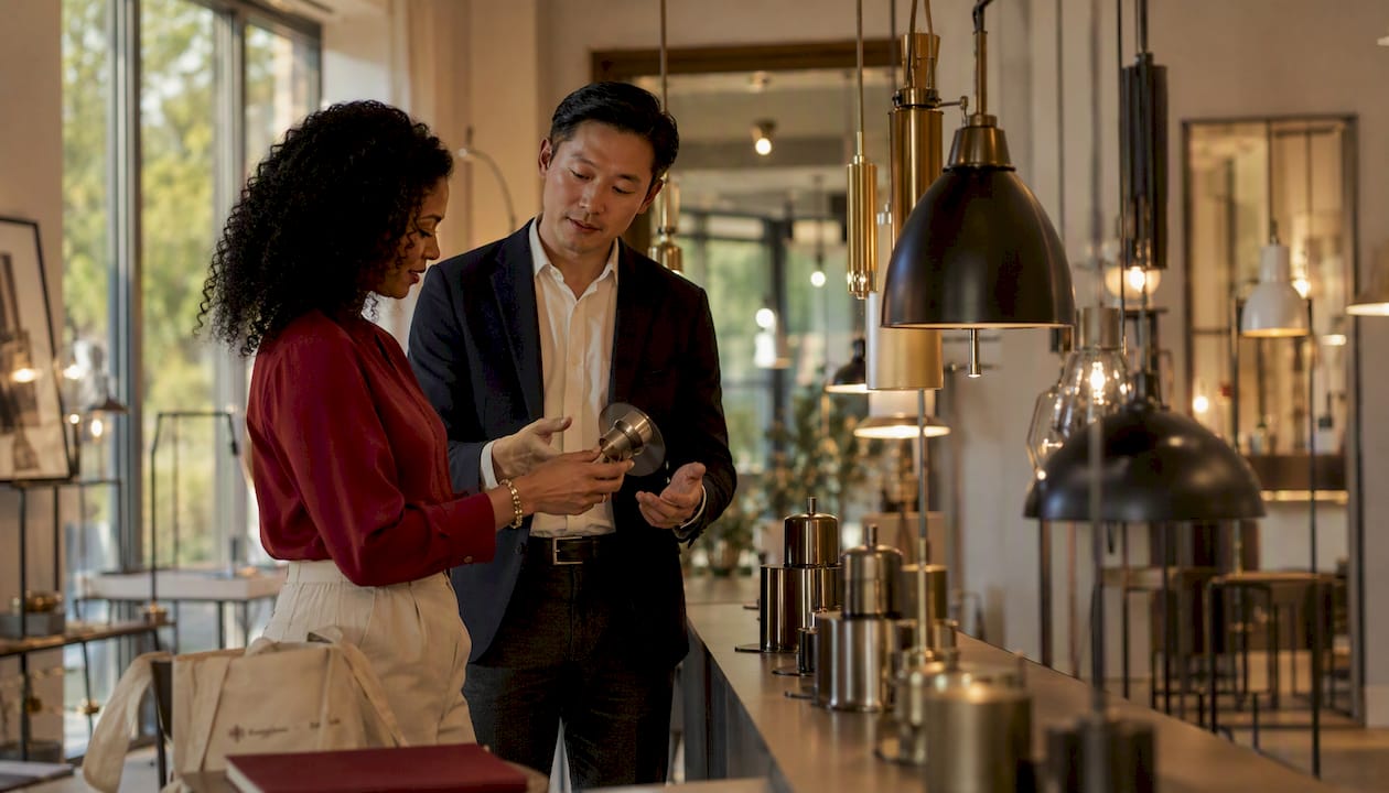 Designers discussing metal finishes in lighting showroom