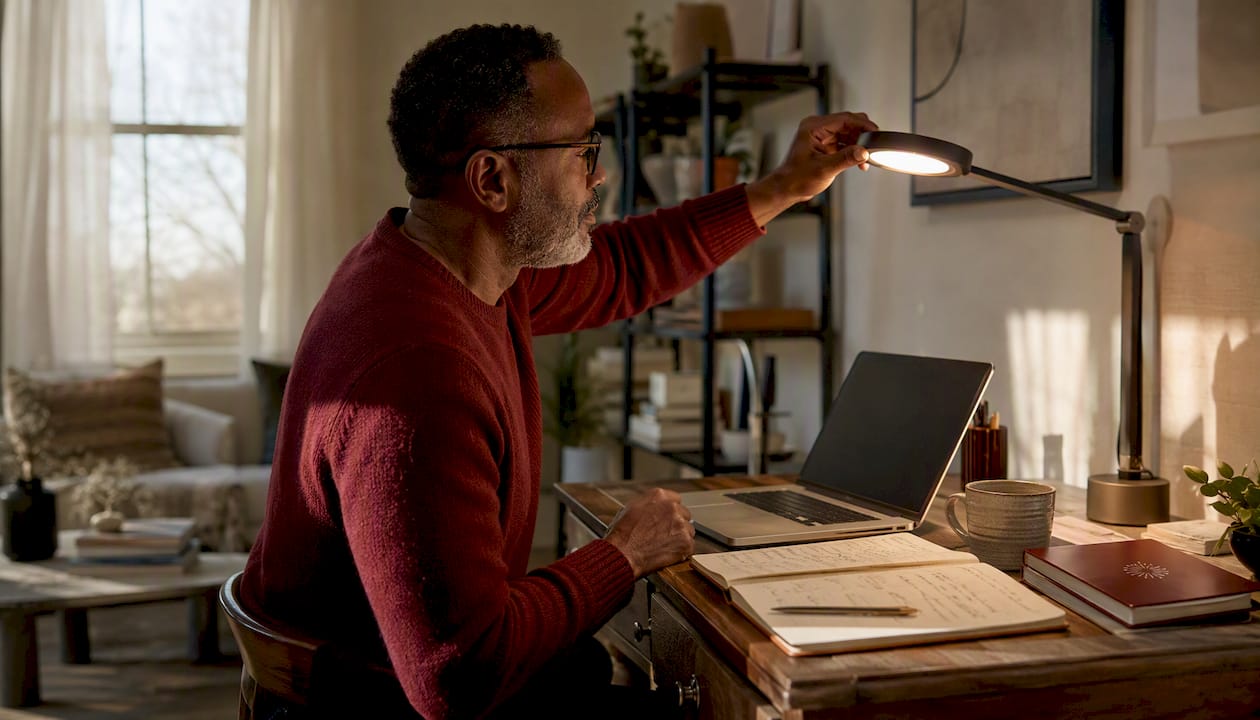 Man adjusting desk lamp brightness for comfort