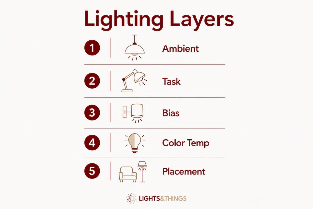 Infographic showing lighting layers for effective home office