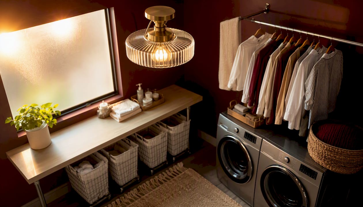 Semi-flush mount fixture in rustic laundry room