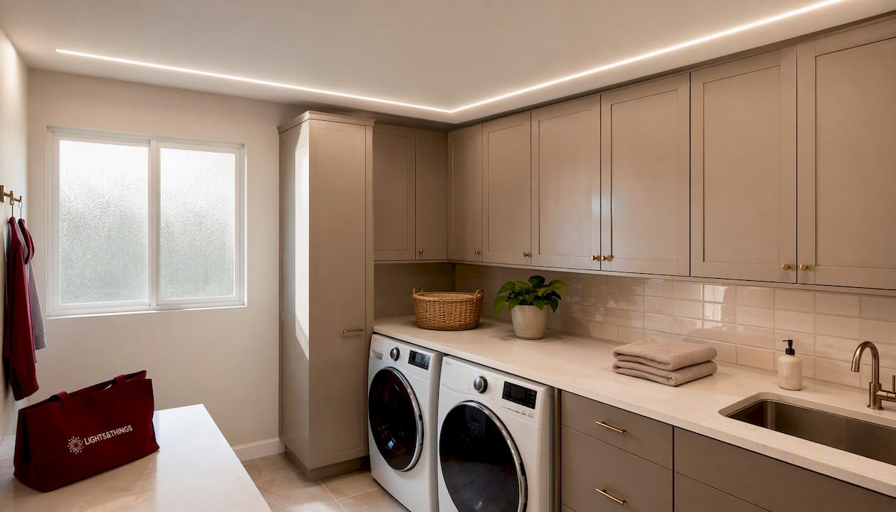 Close-up of wraparound linear LED fixture in laundry room