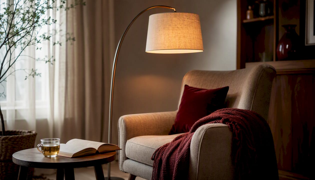 Close-up of illuminated table lamp on side table