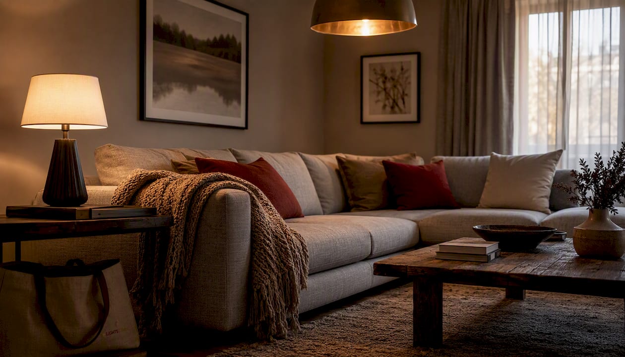Living room showing layered lighting with lamps and overhead