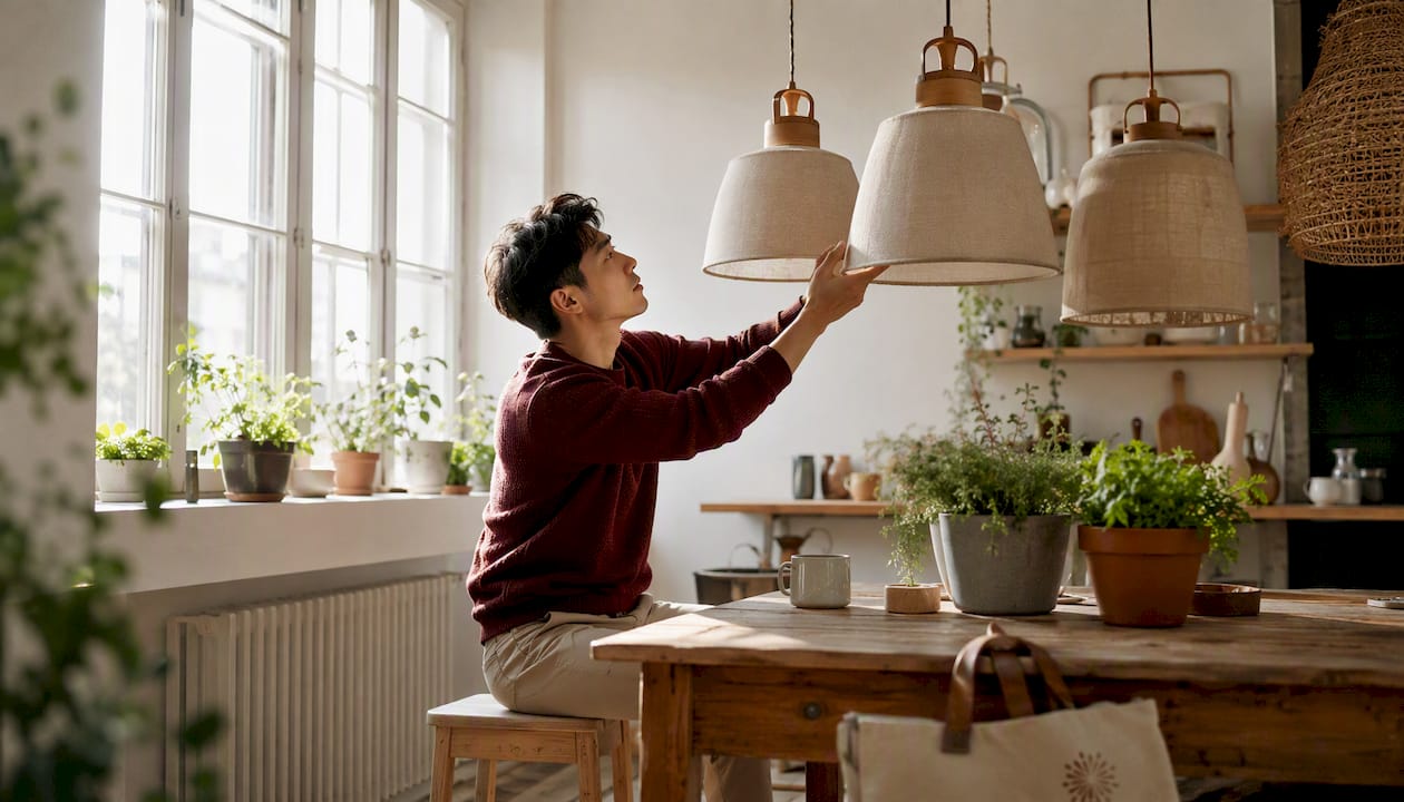Man adjusting linen pendant in Eco-Scandi room