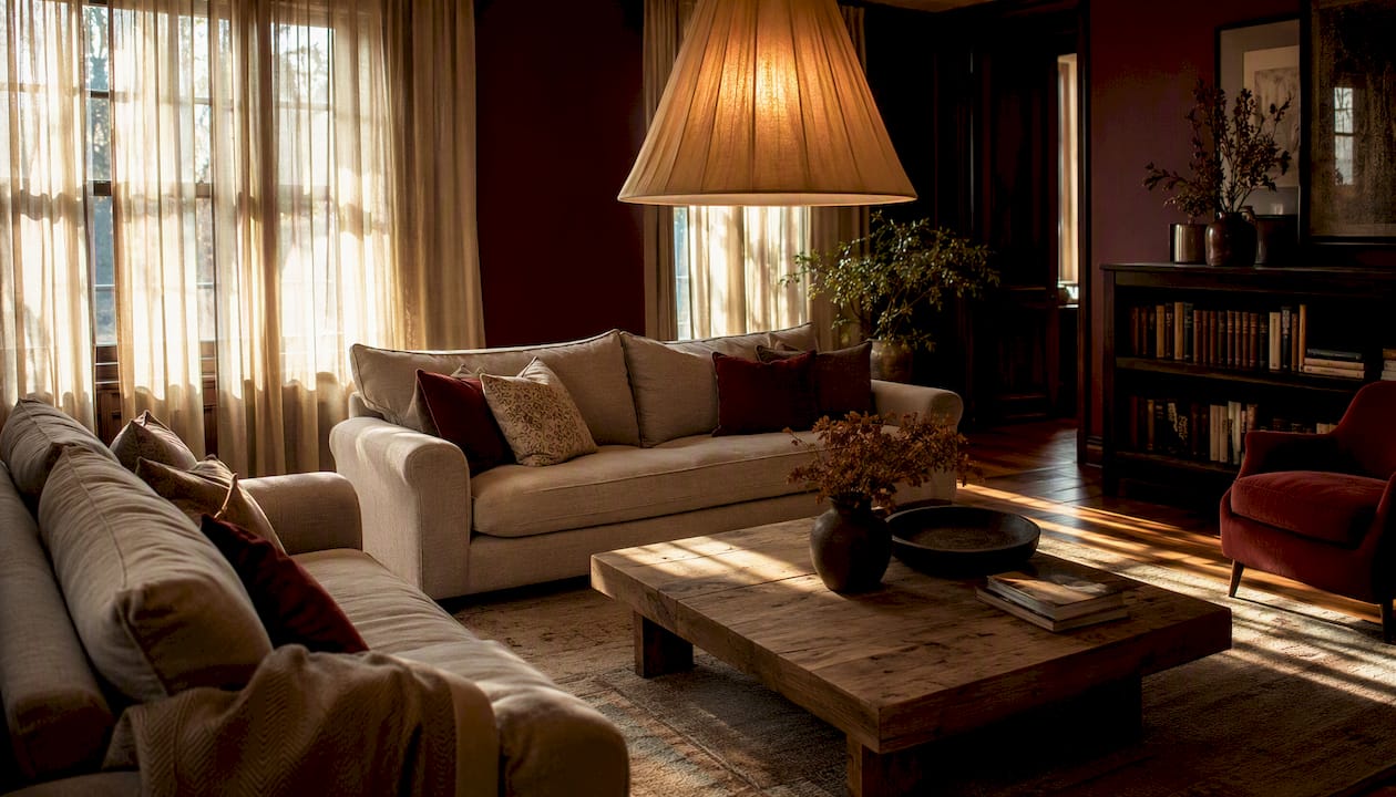 Soft glowing linen lampshade in dining nook
